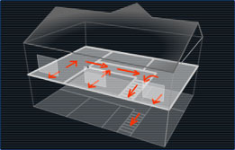 Graphic of a home showing escape routes marked out in red