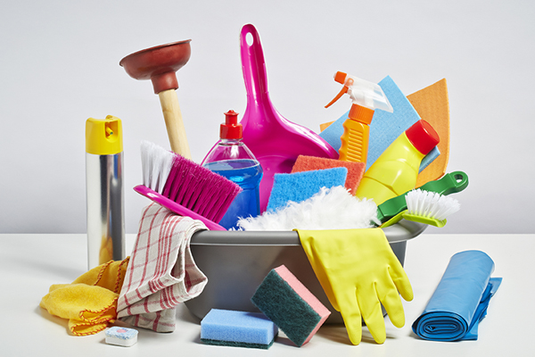 a bucket of house cleaners